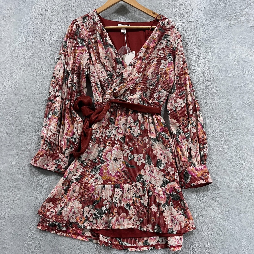 LC Lauren Conrad Womens Small Floral Sequin Belted Wrap Mini Dress Fairy Boho
